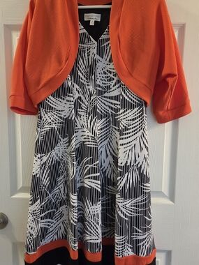 Black & White Palm Print Dress with Orange Bolero